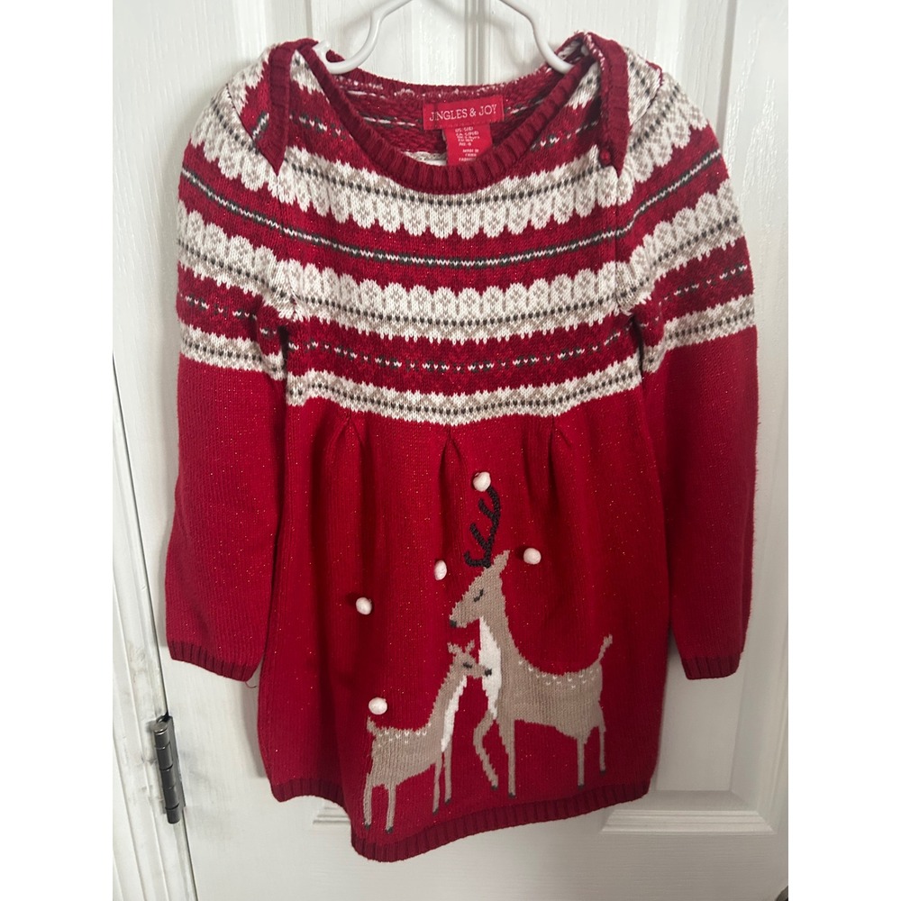 Jingles & Joy Sweater Dress Red Reindeer Fair Isle Metallic Christmas Holiday